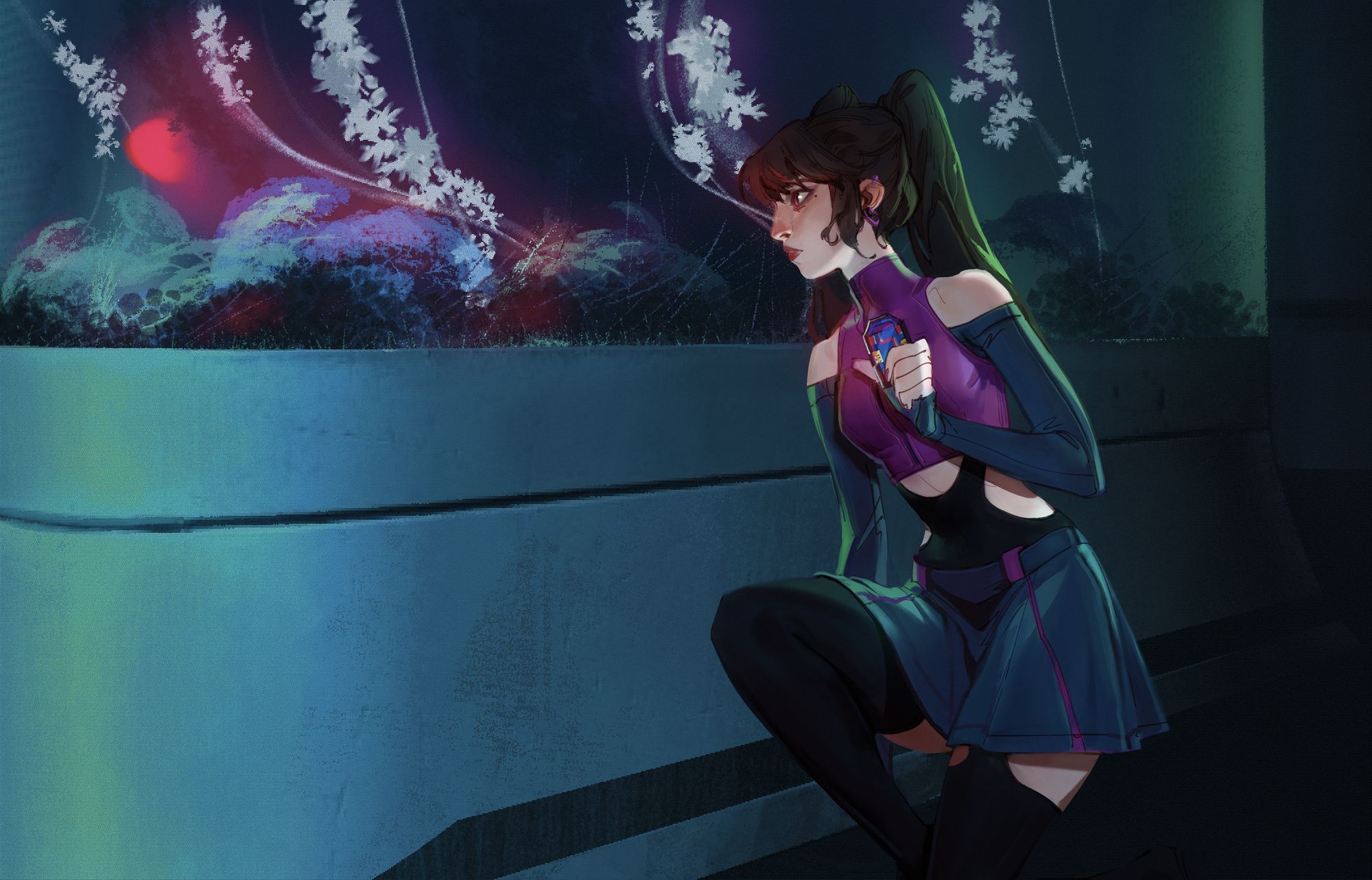 2D illustration of Jessi crouching with a walkie-talkie in a neon corridor
