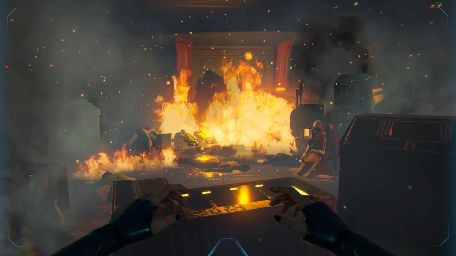 Smoke and flames pouring out of a lounge doorway